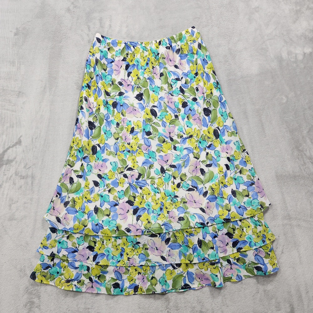 Vintage NY Collection Skirt Women S Multicolor Floral Ruffle A-Line Midi Chiffon